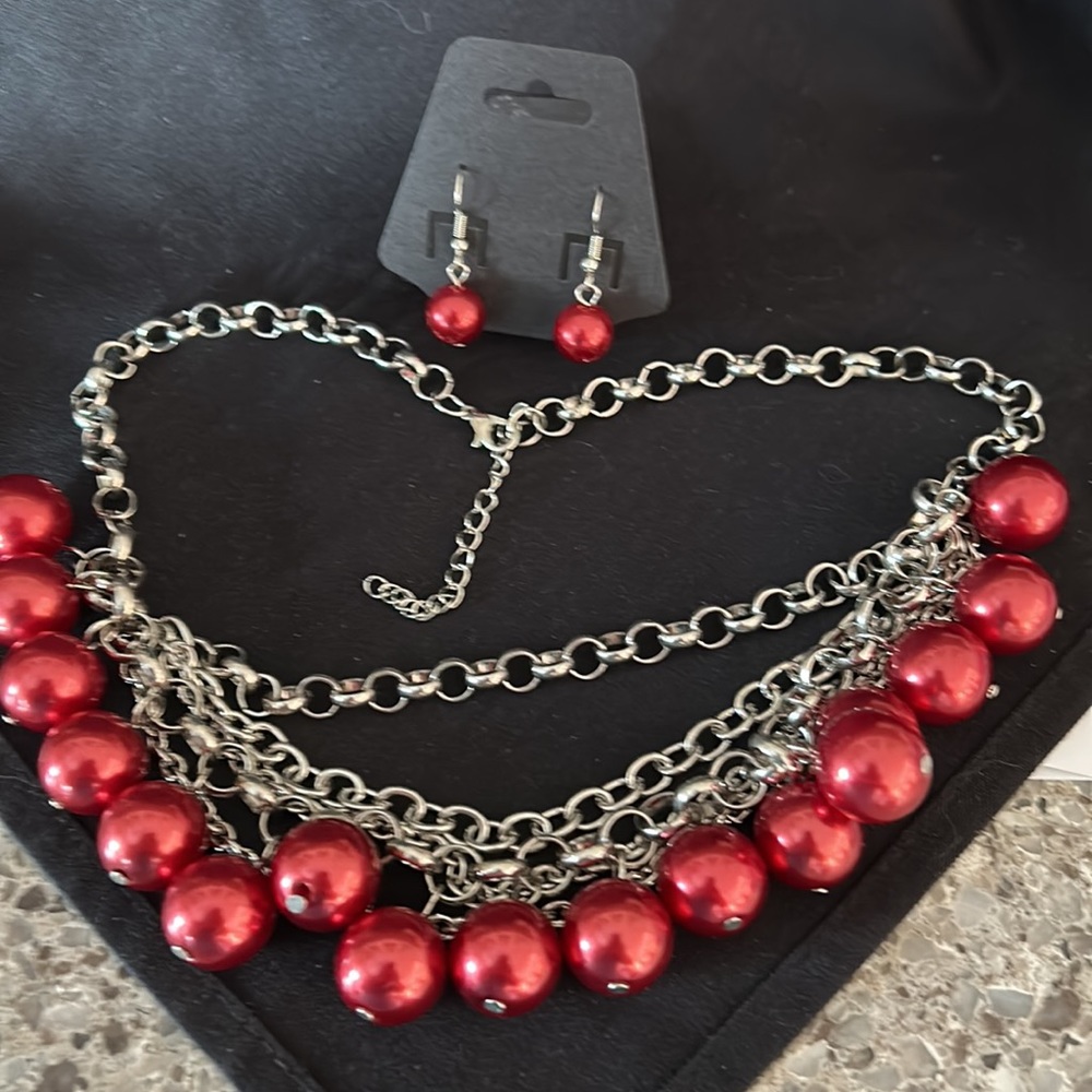 NWT SET Red bauble large bead and chain statement multilayered NECKLACE EARRINGS - Picture 2 of 7